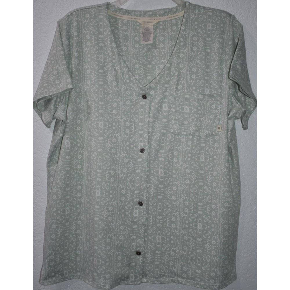 Lucky Brand MEDIUM Button Front Top Stretch Boho Green Short Sleeve Vneck Pocket